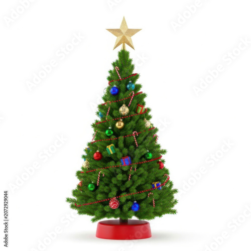 Beautiful green Christmas tree decorated with colorful ornaments and a bright golden star on top for holiday season