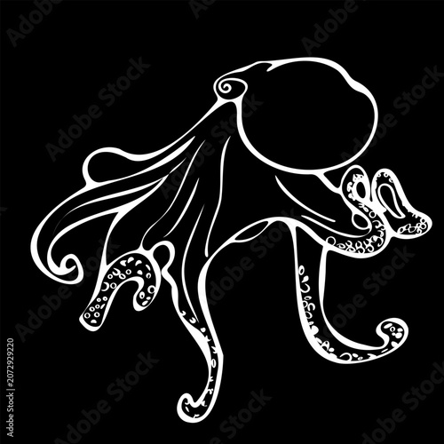 Minimalist white line art octopus with fluid, curving tentacles and detailed suction cups on a black background. Ideal for sophisticated seafood restaurant branding, modern menus, and apparel prints.