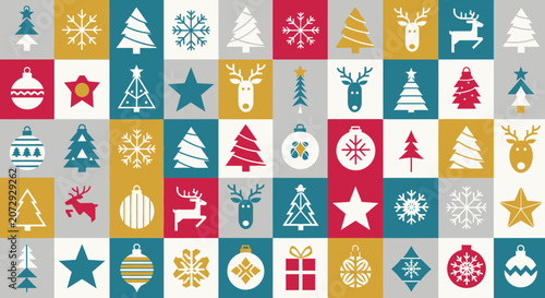 Festive Holiday Icons on Geometric Grid Background - Christmas Theme