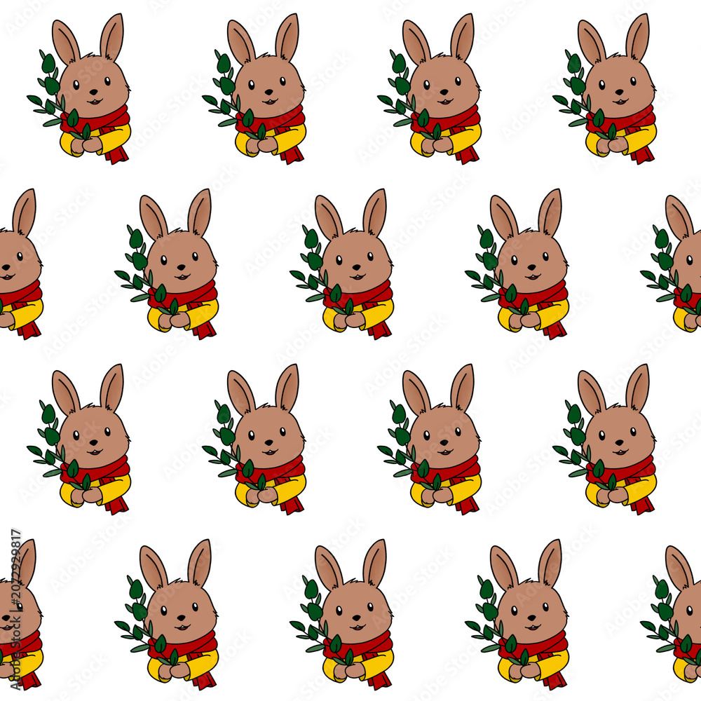 Obraz premium PATTERN - 2seamless pattern mammals animal rabbit wear scarf holding green leaves