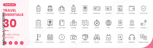 Fotografía travel essentials icon line style tourism journey editable stroke vector set