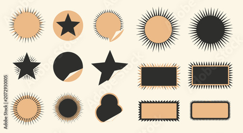 Boho Sunburst Circle Star Shapes, Vintage Sticker Labels, Abstract Cosmic Icons