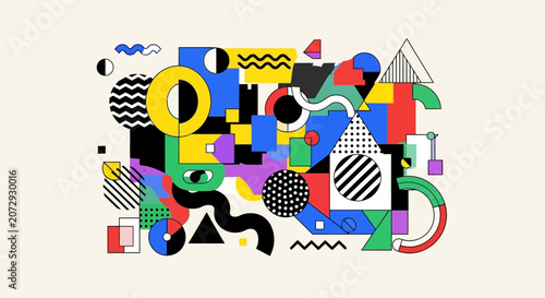 Colorful geometric abstract pattern with Memphis style elements