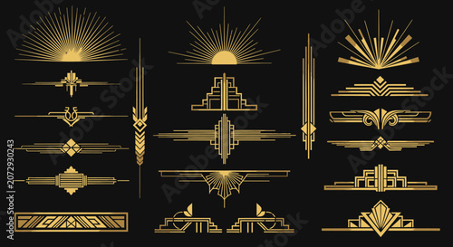 Gold Art Deco Ornaments, Borders, and Dividers on Black Background