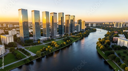 Aerial view of modern skyscrapers along a winding river waterfront.