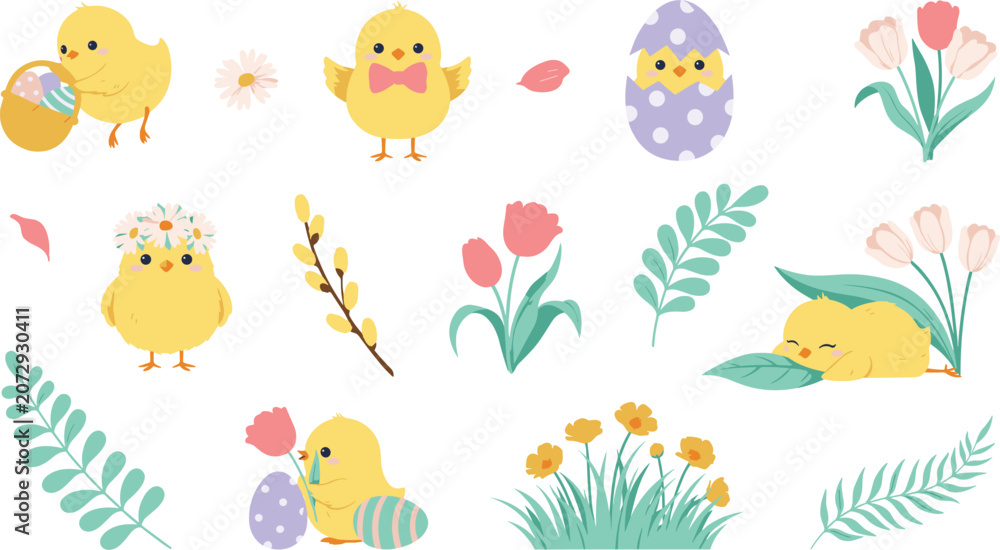 Fototapeta premium Cute Easter Chick Character Set with Colorful Painted Eggs, Spring Flowers, Tulips, Willow Branch, and Botanical Elements for Festive Graphic Designs