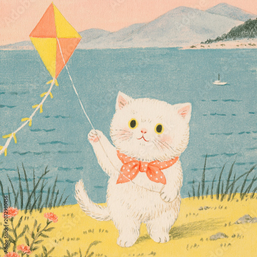 happy kitten with a kite by a lake on a summer day