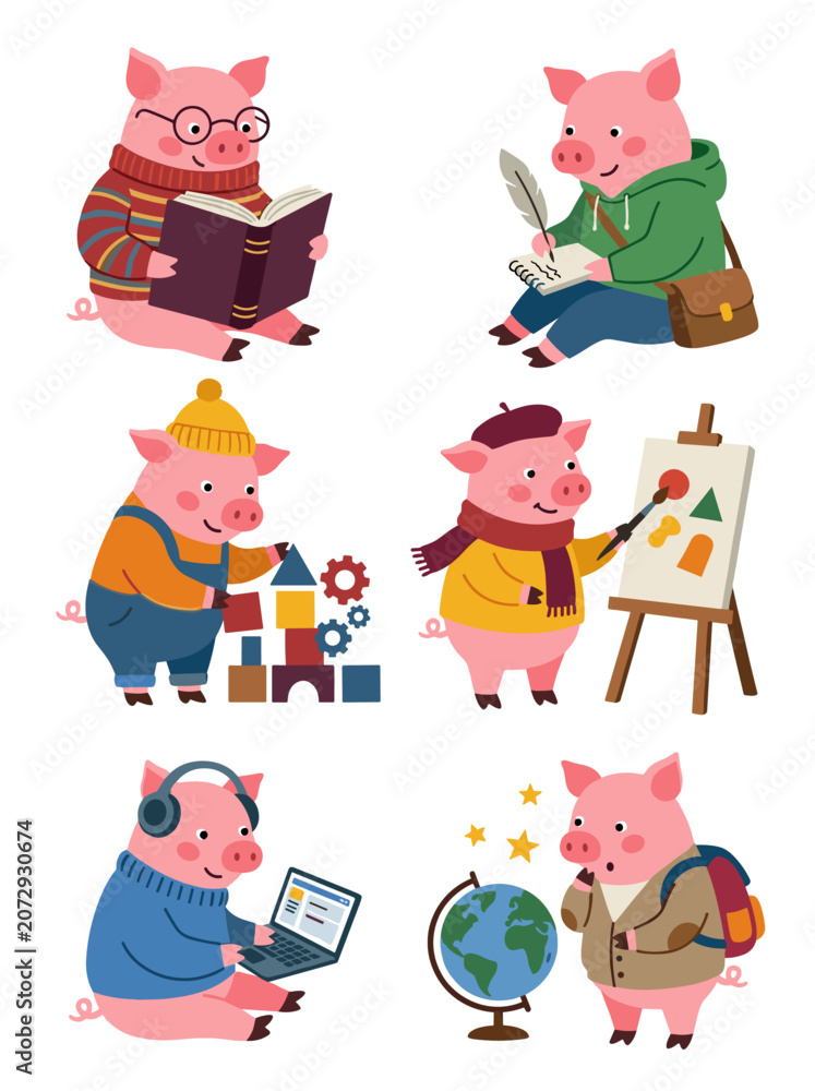Naklejka premium Cute Pig Creative Learning Character Activity Set