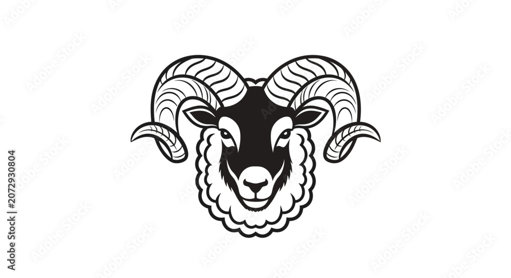 Fototapeta premium Detailed ram head mascot with large curved horns.