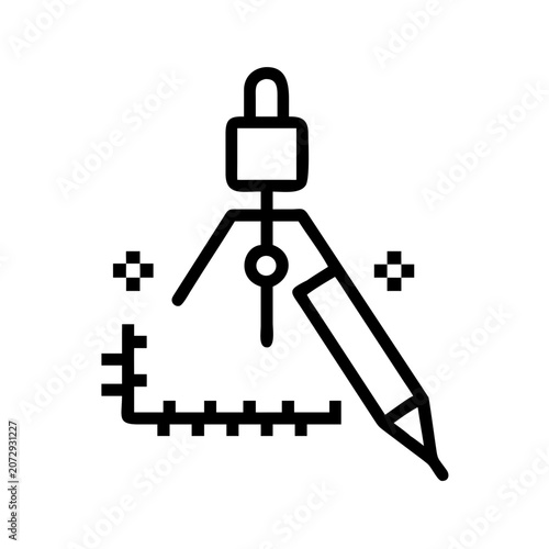 Engineering compass and ruler icon with pen, linear style illustration.