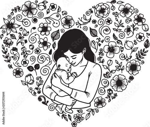 Mother Holding Baby Embraced by Floral Heart Silhouette