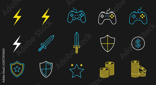 Video Game Icons: Controller, Sword, Shield, Coins, Star, Lightning