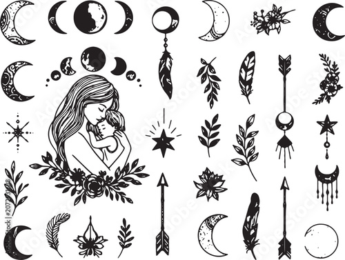 Boho Mother and Child Silhouette with Floral and Celestial Line Art Illustration