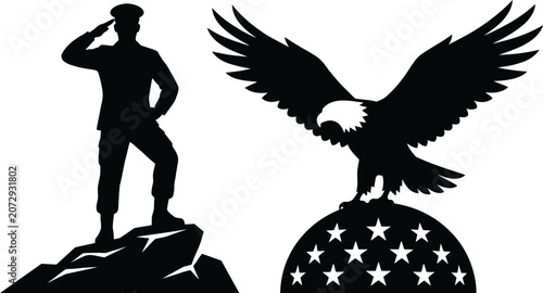 Silhouette of saluting soldier and bald eagle perched on star covered mound against a white background america american bird prey cap duty