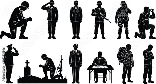 Military personnel silhouettes depict various roles and postures against a white background army armed forces defense soldiers servicemen troops ranks uniforms officers