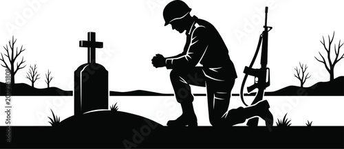 Soldier silhouette kneeling before a grave with a rifle and cross in a stark landscape army armed forces battlefield bereavement black and white commemoration