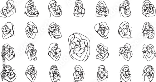 Continuous Line Art Mother and Baby Silhouettes - Family Love and Care