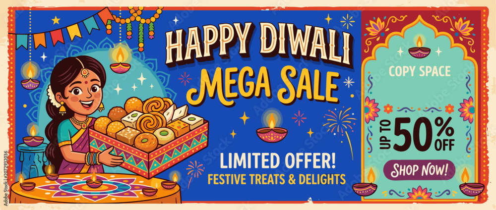 Obraz premium Happy Diwali Mega Sale with Festive Treats: A vibrant illustration captures the spirit of Diwali with a woman in traditional attire offering sweets, a Happy Diwali Mega Sale banner.