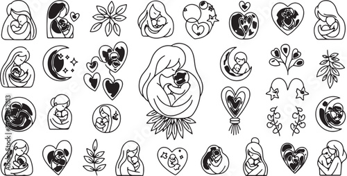 Mother and Child Animal Silhouettes Line Art Illustration Icon Set