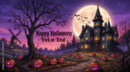 Halloween Scene with Haunted House, Jack-o'-lanterns, and Bats on Isolated on a transparent background