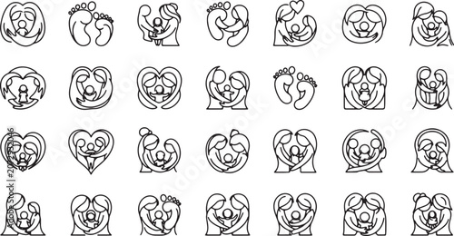 Mother and Child Silhouettes Line Art Icon Set in Minimalist Black and White Style