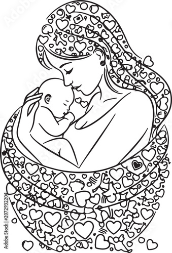 Minimalist Line Art Mother Holding Child Silhouette Vector Illustration