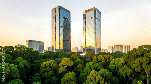 Two modern glass towers rise above a lush forested landscape at sunset.