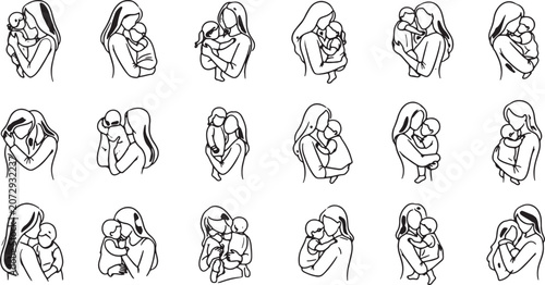 Modern Aesthetic Mother and Child Embrace Line Art Illustrations