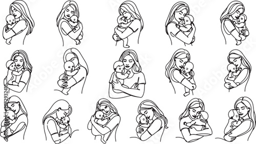 Continuous Line Drawing Parent and Child Portraits in Minimalist Silhouette Style