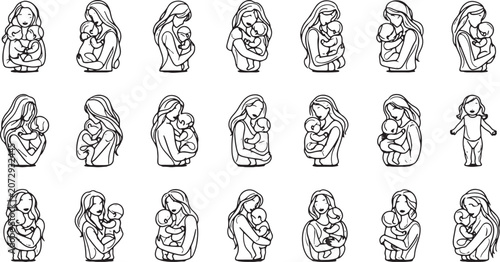 Mother and Child Silhouettes Line Art Icon Set in Minimalist Decorative Style