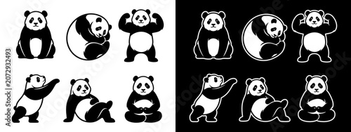 Panda Mascot Logo Vector Set: Cute, Strong Gym, Zen Meditating, and Minimalist Bear Silhouette Icons for Modern Brand Identity and Graphic Design