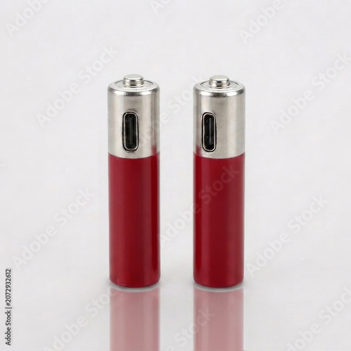 Two red rechargeable AAA lithium batteries with built-in USB-C charging ports on a white background
