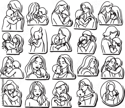 Minimalist Line Art Mother and Child Emotional Bond Vector Illustrations