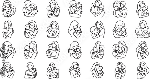 Continuous Line Drawing Mother and Child Animal Silhouettes Icon Set Vector Illustration