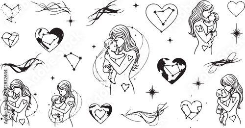 Hand Drawn Mother and Child Silhouettes with Hearts and Nature Elements Illustration