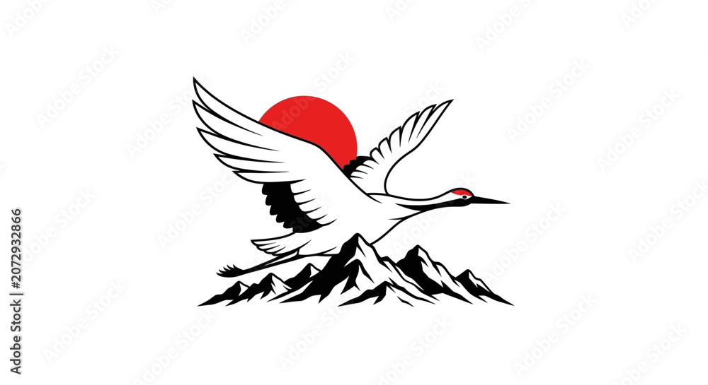 Fototapeta premium Flying crane bird over mountains with red sun