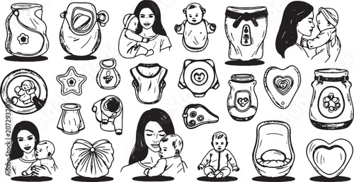 Mother and Child Sketch Style Icons: Love, Care, and Family Moments