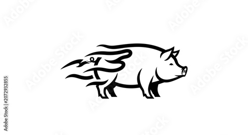 Flying pig with flames speed lines black silhouette.