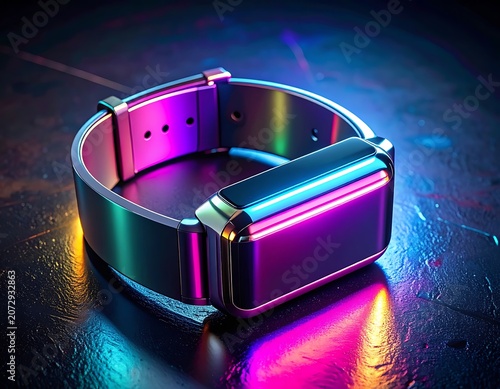 A futuristic smartwatch with a metallic band and colorful reflections