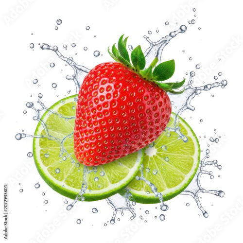 Fresh red strawberry and juicy green lime slices with water splashes for a healthy fruit drink or summer cocktail concept