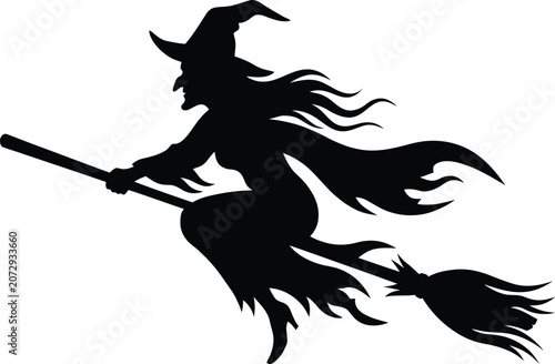 Canvas Print Black silhouette of a witch flying on a broomstick