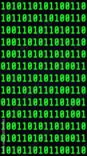 Vertical loop animation with green binary numbers on dark background. Abstract digital technology concept for programming, cyber security, communication, and network visuals.