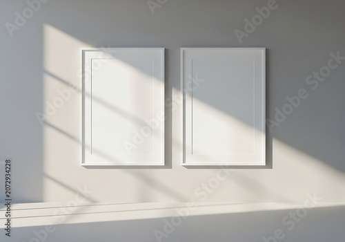 Two empty vertical picture frames on a wall with sunlight and shadows