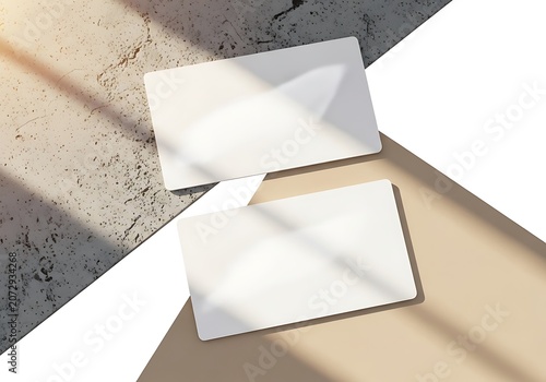 Blank business cards mockup with natural sunlight shadows on textured background