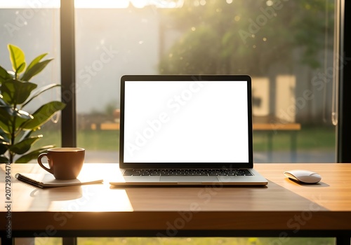 Laptop with blank screen on a wooden desk with coffee and mouse