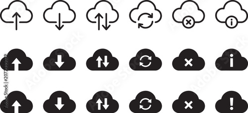 Set of cloud computing icons, upload, download, sync, error, information, warning symbols, vector illustration
