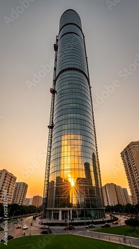 Sunlit glass skyscraper reflecting golden sunset with surrounding modern urban skyline and tall towers.
