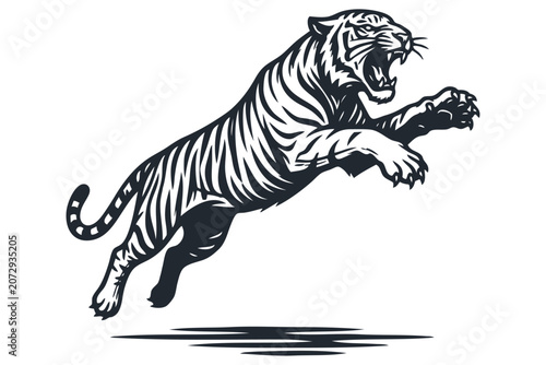 Vector illustration of a fierce leaping tiger roaring in attack. Monochrome graphic black and white animal silhouette isolated on white.