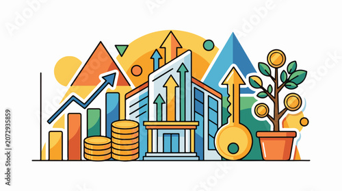 Abstract graphic with financial growth elements including charts coins and a key