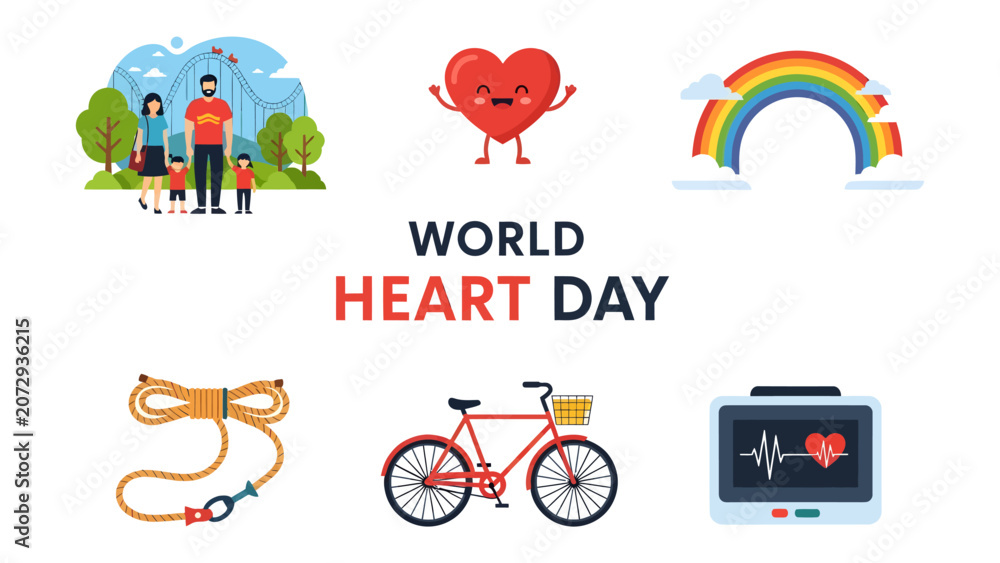 Naklejka premium World Heart Day Collage: A vibrant collection of illustrations celebrating World Heart Day, featuring a happy heart character, a family, a rainbow, a jump rope, a bicycle, and a heart monitor.